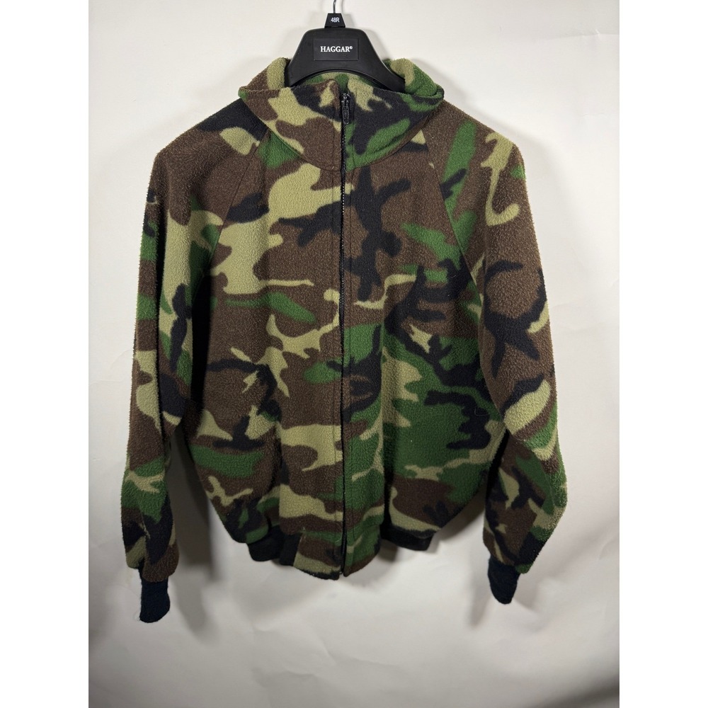 Saf-T-Bak Vintage Men XL Camo Fleece Jacket Full Zip Woodland Bomber Made in USA